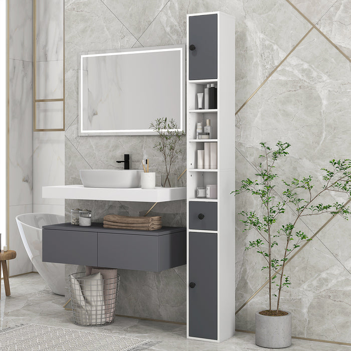 Tall Slim Bathroom Cabinet 180cm - Narrow Storage Unit with Open Shelves & Dual Door Cabinets, Adjustable Shelving - Ideal for Kitchen, Hallway, Living Room Organization in Grey