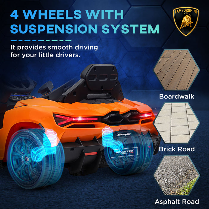 AIYAPLAY Lamborghini Revuelto Licensed 12V Ride on Car w/ Butterfly Doors Training Wheels, Suspension, Remote Control Orange | Aosom UK