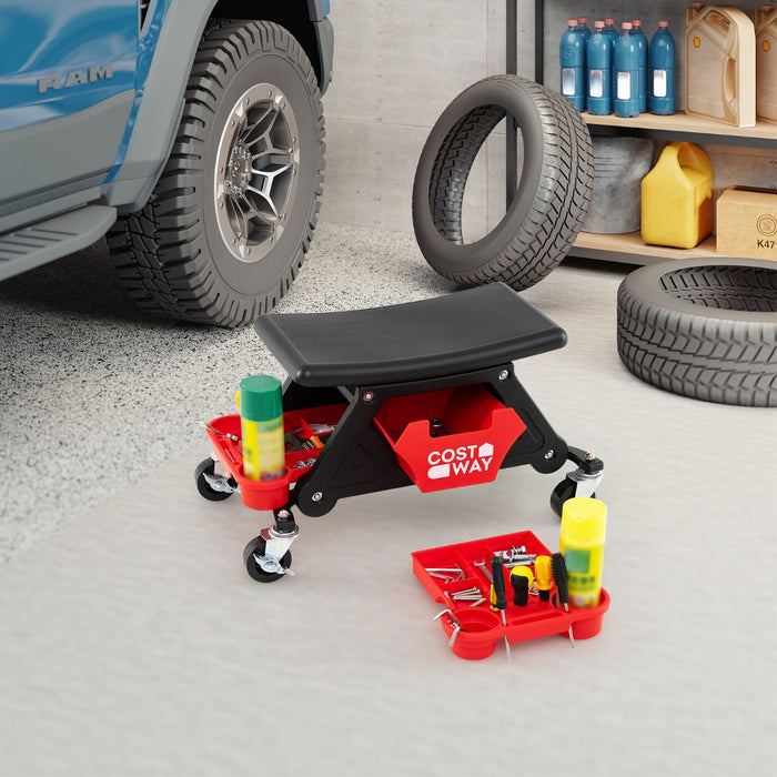 Heavy-Duty Garage Stool on Wheels with Slide Out Drawer and 2 Partition Trays-