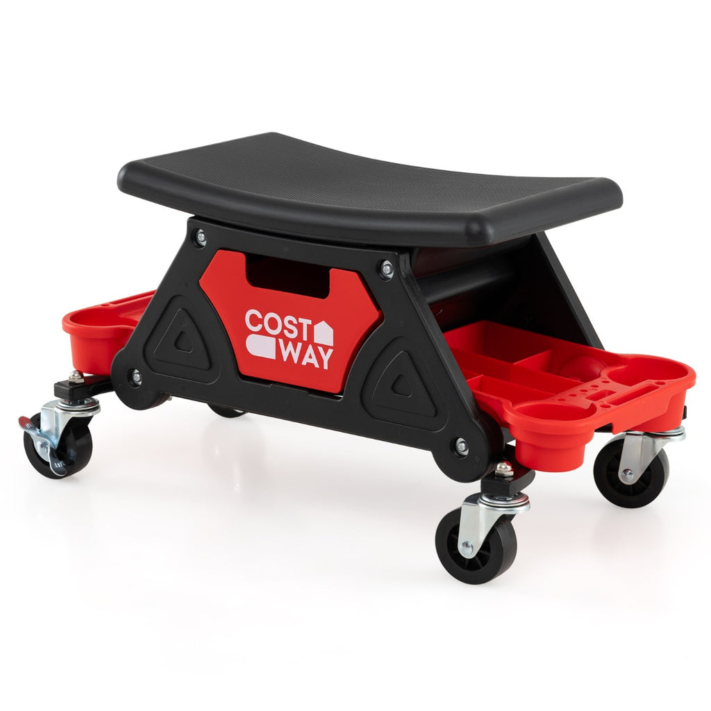 Heavy-Duty Garage Stool on Wheels with Slide Out Drawer and 2 Partition Trays-