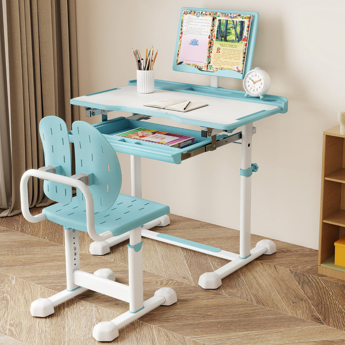 Height-Adjustable Kid's Study Desk and Chair Set with Tilt Desktop and Footrest Bar-