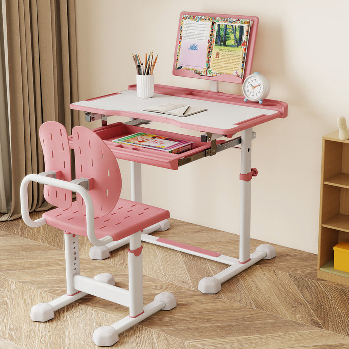 Height-Adjustable Kid's Study Desk and Chair Set with Tilt Desktop and Footrest Bar-