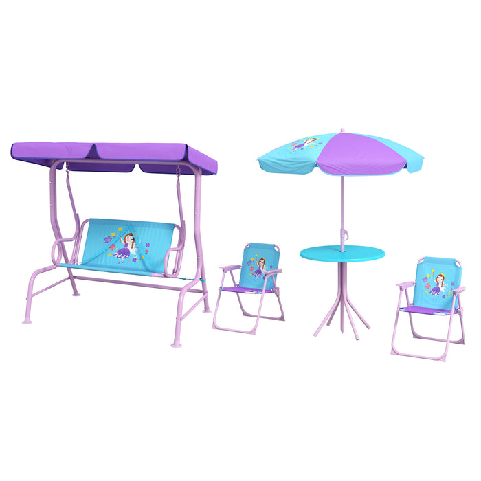 Kids Outdoor 4-Piece Fun Set - Swing with Adjustable Canopy & Table-Chair Combo with Parasol - Ideal for Girls Aged 3-6 Years