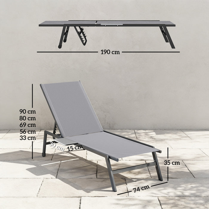 Outsunny Sun Loungers Set of 2 with Side Tray Table, Garden Recliners with 5-Position Adjustable Backrest, 2 Wheels, Grey
