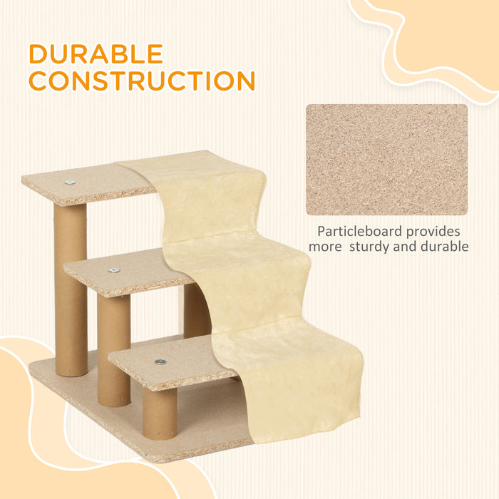 PawHut Three-Step Dog Stairs, with Washable Plush Cover, for High Bed Sofa, Dog Stairs for Small Dog and Cat - Beige | Aosom UK