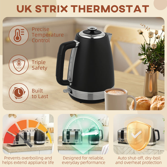 HOMCOM Stainless Steel Kettle and Toaster Set, 1.7L 3000W Rapid Boil Jug Kettle with UK Strix Thermostat, Limescale Filter, 4 Slice Toaster with 7 Browning Controls, Crumb Tray, Black and Silver Tone