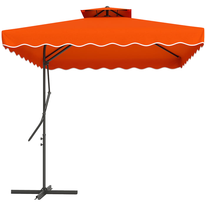 Outsunny 2.5m Cantilever Parasol with Easy Lever, Square Double Top Garden Parasol Umbrella with Ruffles and Cross Base, Overhanging Outdoor Sun Shades, Orange