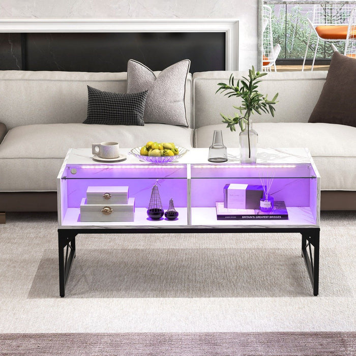 High-gloss LED Coffee Table with Faux Marble and Tempered Glass Top-White