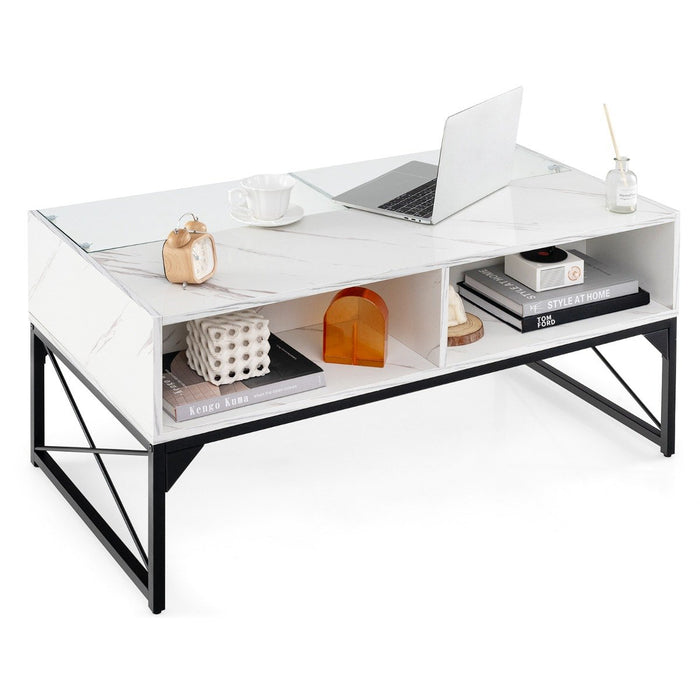 High-gloss LED Coffee Table with Faux Marble and Tempered Glass Top-White