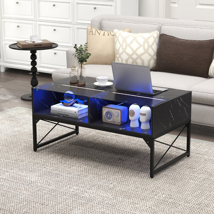 High-gloss LED Coffee Table with Faux Marble and Tempered Glass Top-White