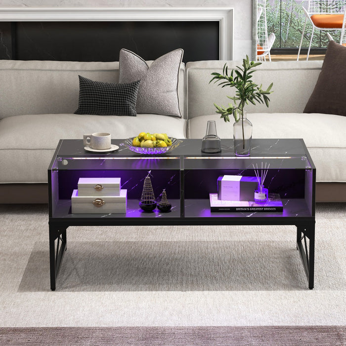 High-gloss LED Coffee Table with Faux Marble and Tempered Glass Top-White
