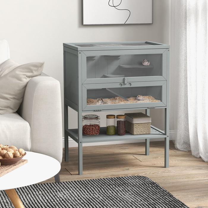 3-Tier Wooden Hamster House with Storage Shelf - Open-Top Design for Easy Access, Grey Finish - Ideal Habitat for Gerbils and Small Rodents