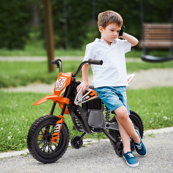 AIYAPLAY 12V Kids Electric Motorbike, Kids Electric Ride on Motorcycle w/ Twist Grip Throttle, Training Wheels - Orange | Aosom UK