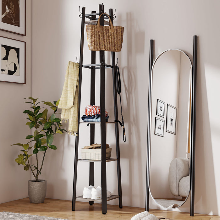 HOMCOM Industrial Coat Stand with 8 Hooks and 4 Shelves - Grey