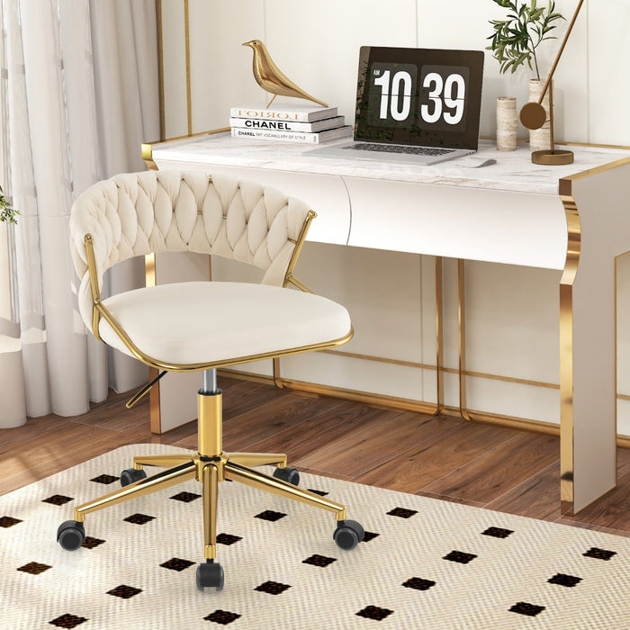Desk Chair for Home Office - Hand-Woven Back Design, Golden Metal Legs - Ideal for Comfortable Work from Home Experience
