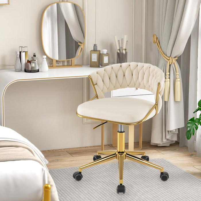 Desk Chair for Home Office - Hand-Woven Back Design, Golden Metal Legs - Ideal for Comfortable Work from Home Experience