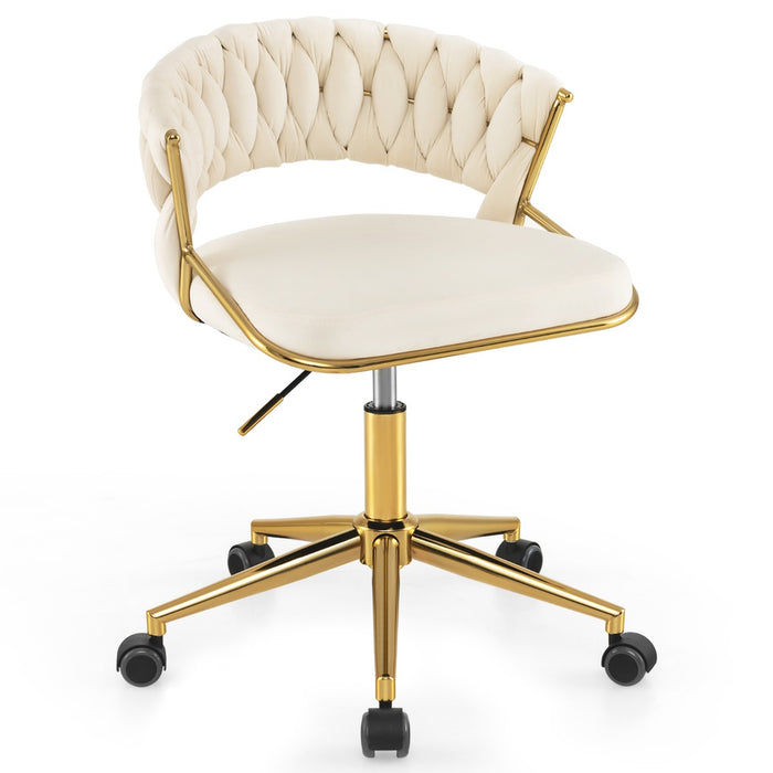 Desk Chair for Home Office - Hand-Woven Back Design, Golden Metal Legs - Ideal for Comfortable Work from Home Experience