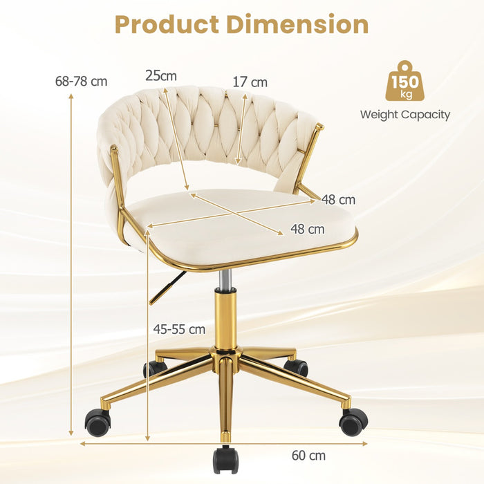 Desk Chair for Home Office - Hand-Woven Back Design, Golden Metal Legs - Ideal for Comfortable Work from Home Experience