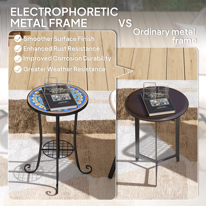 Outsunny Mosaic Garden Table, 35.5 cm Round Outdoor Table with Shelf, Ceramic Tile Top, Small Garden Side Table Bistro Table End Table Plant Stand for Indoor, Patio, Balcony, Blue