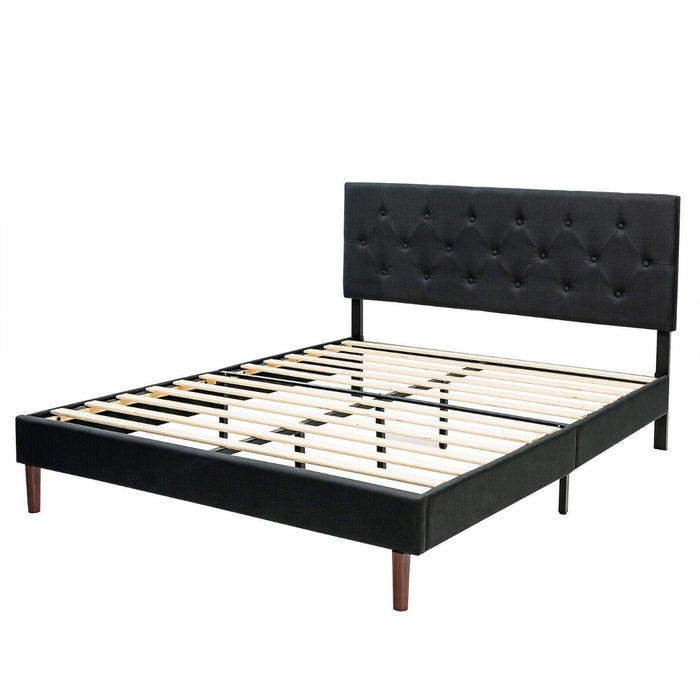 Button Tufted Linen Upholstered King Size Bed Frame with Headboard-Black