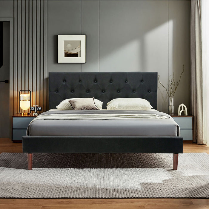 Button Tufted Linen Upholstered King Size Bed Frame with Headboard-Black