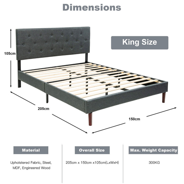 Button Tufted Linen Upholstered King Size Bed Frame with Headboard-Black
