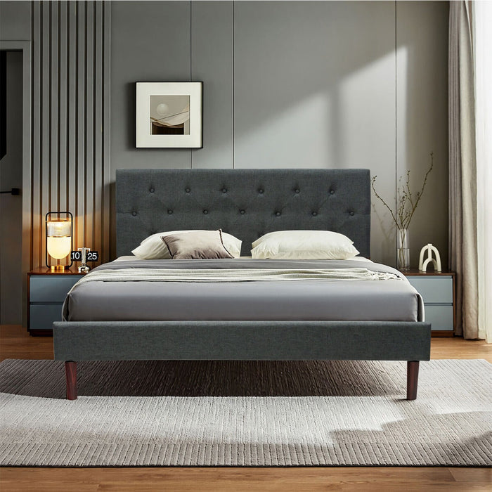 Button Tufted Linen Upholstered King Size Bed Frame with Headboard-Black