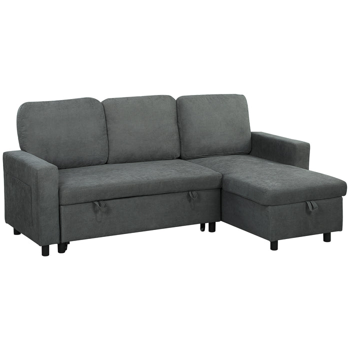 HOMCOM Sofa Bed with Storage, Convertible L Shaped Corner Sofa, 3 Seater Pull Out Sofa Bed with Reversible Chaise, Side Pockets for Living Room, Bedroom, Small Spaces, Charcoal Grey