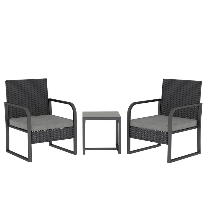 Outsunny Rattan Bistro Set, 3 Piece Garden Furniture Set with Cushions and Glass Top Table, Black