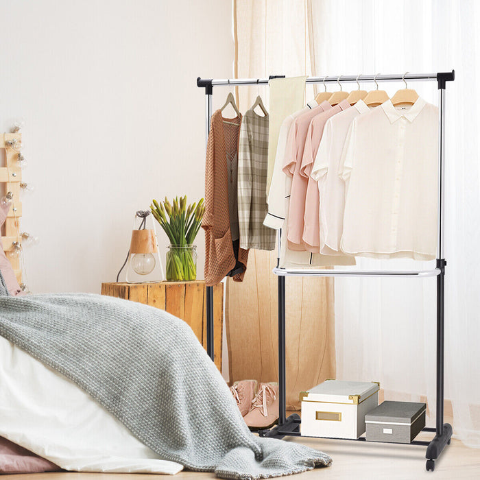 Single/Double Rail Mobile Garment Rack with Wheels and Bottom Shelf