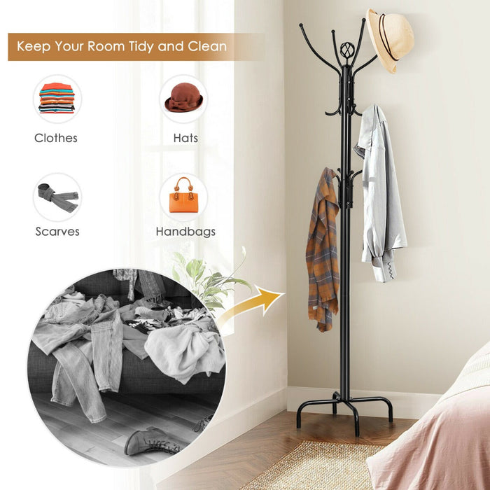 Modern Freestanding Metal Coat Stand - 12 Hooks Design for Bedroom and Entryway, Sturdy 4-Leg Base - Ideal for Hanging Coats and Hats Storage Solution