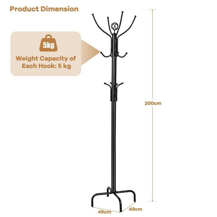 Modern Freestanding Metal Coat Stand - 12 Hooks Design for Bedroom and Entryway, Sturdy 4-Leg Base - Ideal for Hanging Coats and Hats Storage Solution