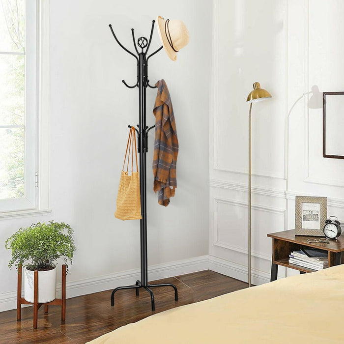 Modern Freestanding Metal Coat Stand - 12 Hooks Design for Bedroom and Entryway, Sturdy 4-Leg Base - Ideal for Hanging Coats and Hats Storage Solution