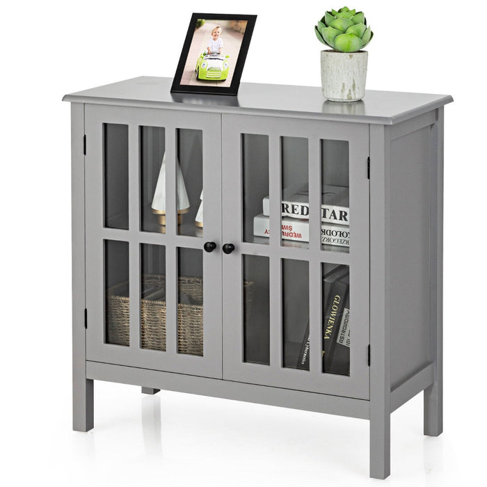 Modern Wood Cabinet - 2 Tempered Glass Door Storage Unit in Grey - Ideal for Keeping Household Items Organized