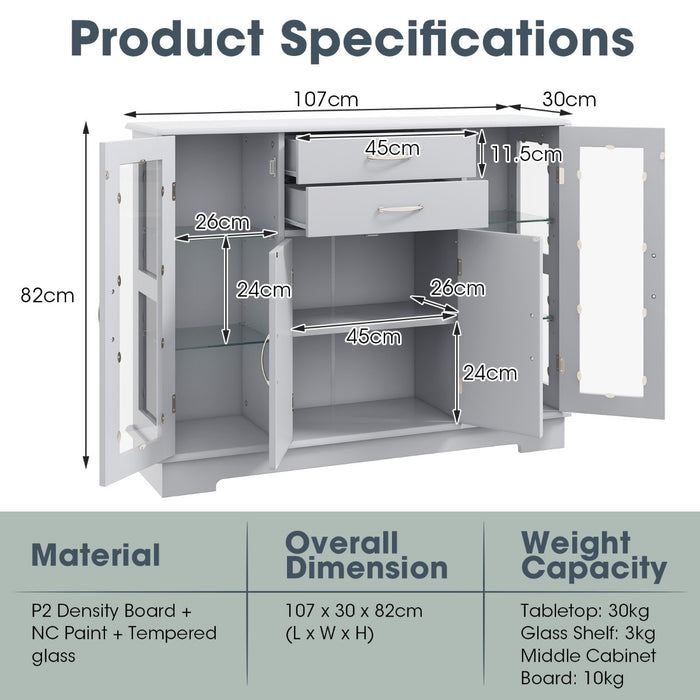 Rustic Wooden Sideboard - Adjustable Shelves and Double Glass Doors Buffet, Grey Finish - Ideal for Dining Room Storage Solutions
