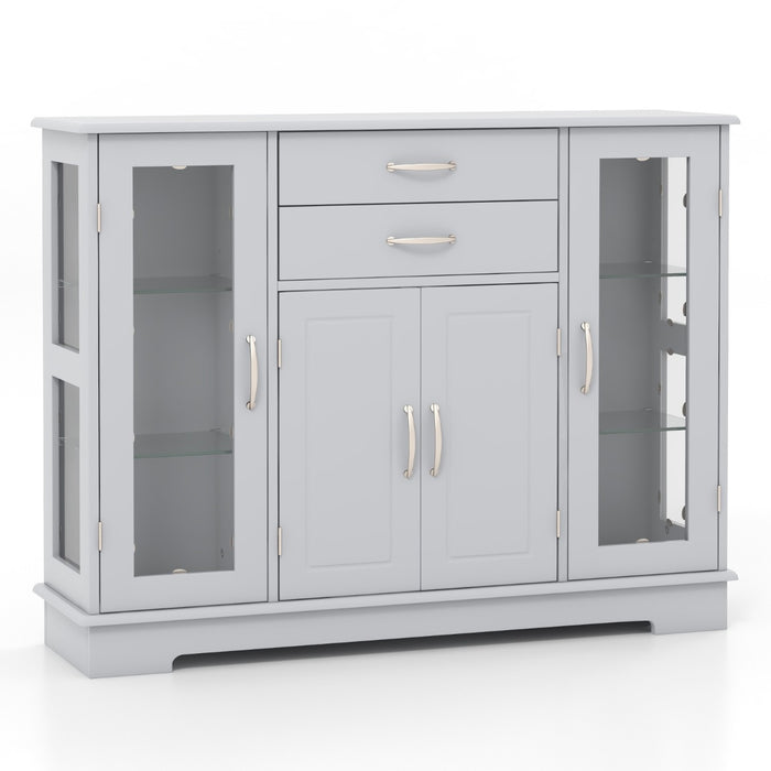 Rustic Wooden Sideboard - Adjustable Shelves and Double Glass Doors Buffet, Grey Finish - Ideal for Dining Room Storage Solutions