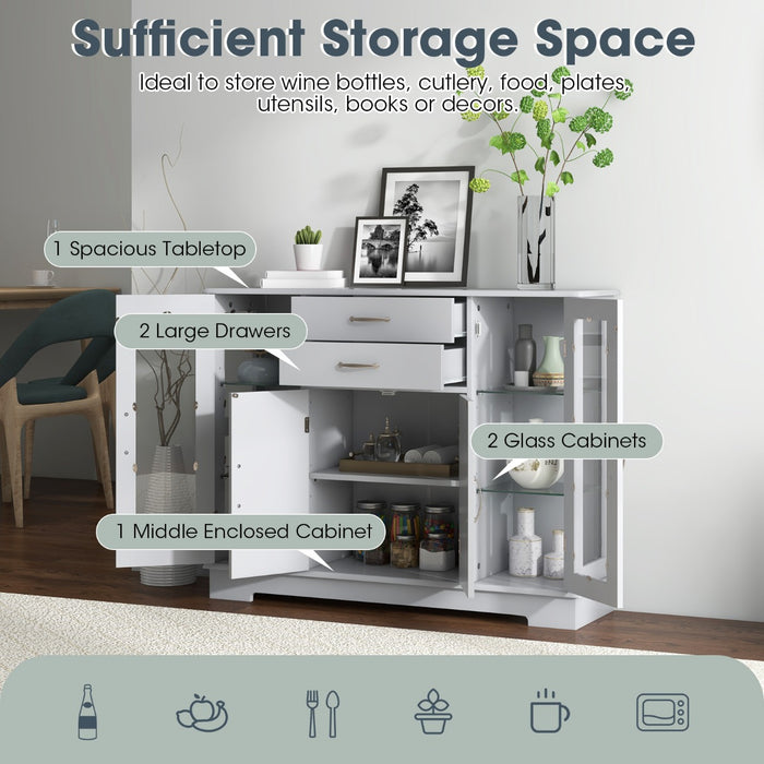 Rustic Wooden Sideboard - Adjustable Shelves and Double Glass Doors Buffet, Grey Finish - Ideal for Dining Room Storage Solutions