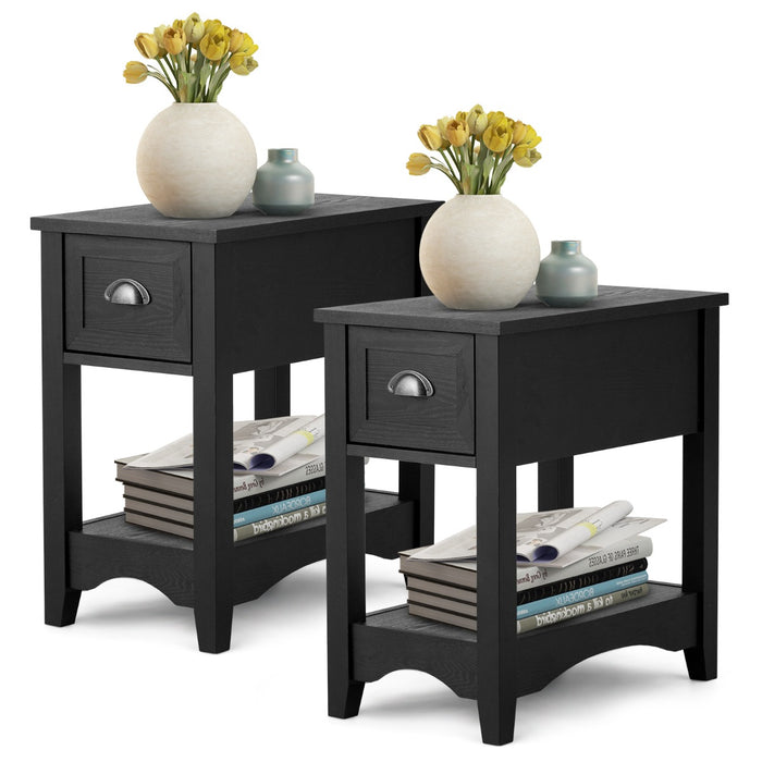 Rectangular Nightstand Set of Two with 1 Drawer 1 Storing Shelf and 4 Solid Rubber wood Legs-