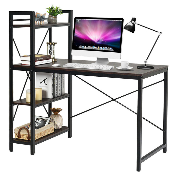 Deep Brown Wooden Desk - Computer Writing Table with 4-Tier Reversible Bookshelf - Ideal for Home Office and Study Space Organization