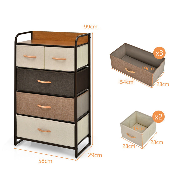Vertical Dresser Storage Tower with Wooden Top and 5 Drawers-
