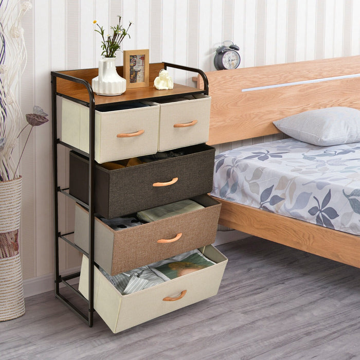 Vertical Dresser Storage Tower with Wooden Top and 5 Drawers-