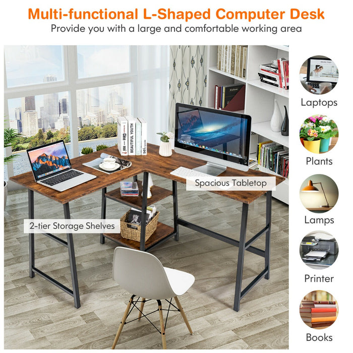 L-shaped Corner Computer Desk with 2 Tier Storage Shelves