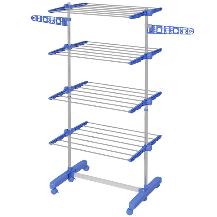 4-Tier Clothes Airer - Foldable Stainless Steel Drying Rack with Wheels and Wings for Indoor/Outdoor Use - Space-Saving Laundry Solution for Home or Apartment
