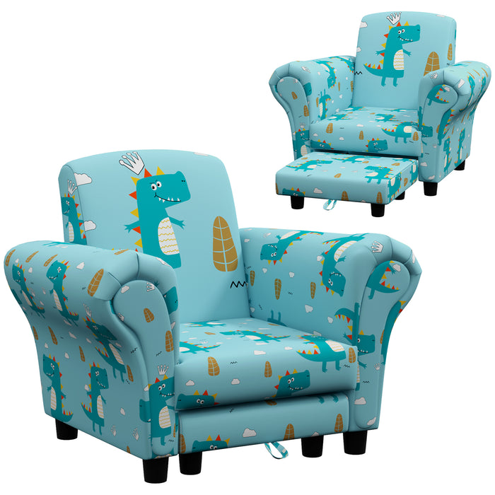 Kids Sofa Set with Dinosaur Theme - Sturdy Wooden Frame, 2-Piece Furniture for Toddlers - Perfect for Ages 1.5-3 Years, Vibrant Blue Color