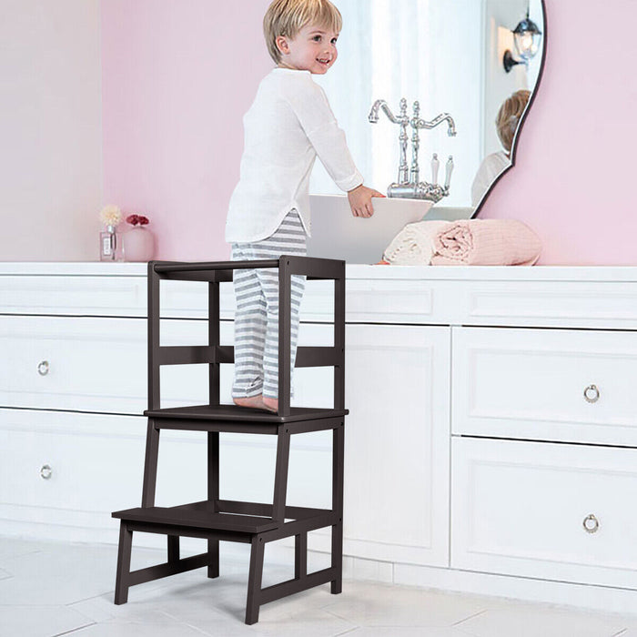 Bamboo Kids Step Stool with 4-Side Safety Rail for Kitchen Counter-