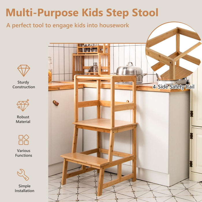 Bamboo Kids Step Stool with 4-Side Safety Rail for Kitchen Counter-