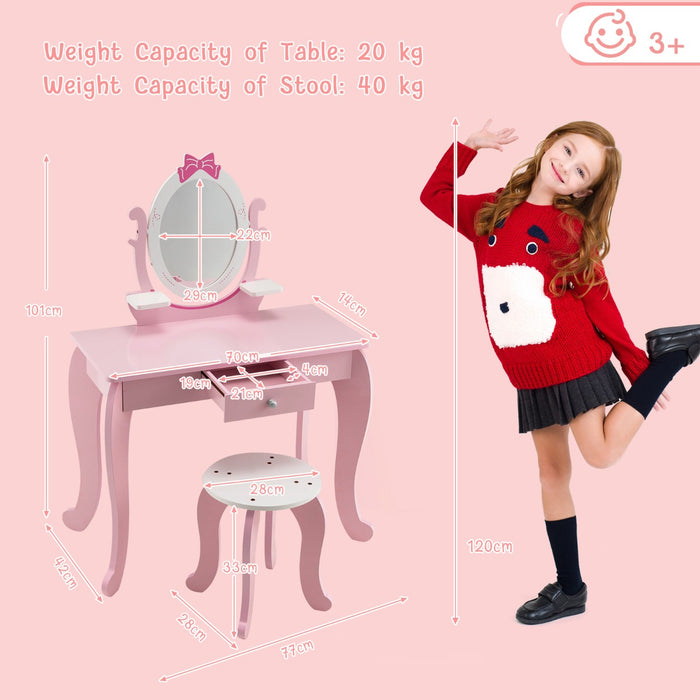 2 in 1 Kids Vanity Table with Stool and 360° Rotating Mirror-