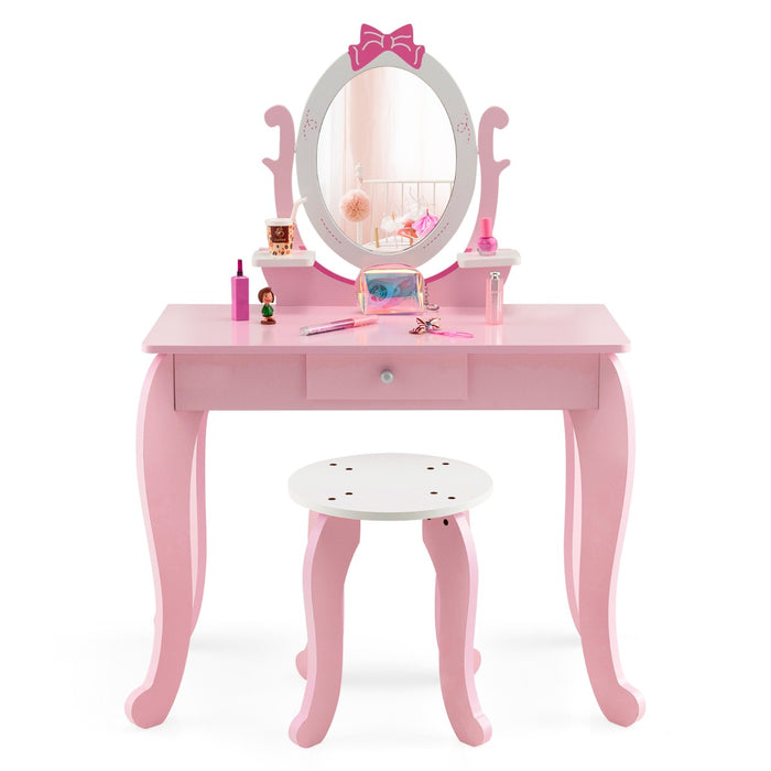 2 in 1 Kids Vanity Table with Stool and 360° Rotating Mirror-