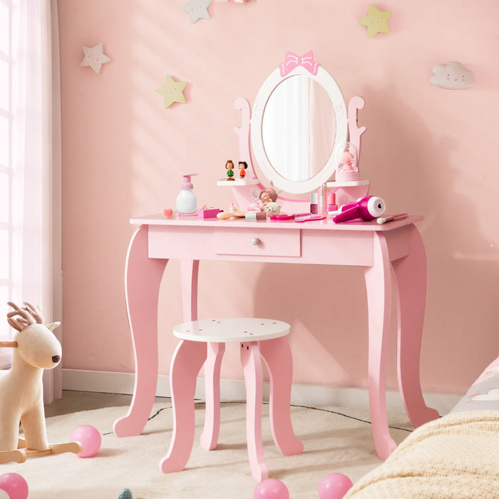 2 in 1 Kids Vanity Table with Stool and 360° Rotating Mirror-