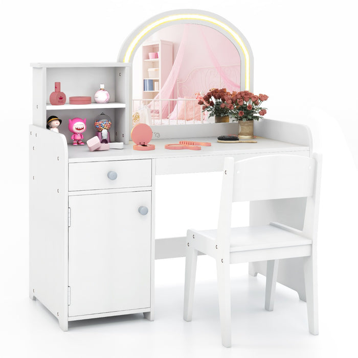 Kids Vanity Table and Chair Set with Shelves Drawer and Cabinet-